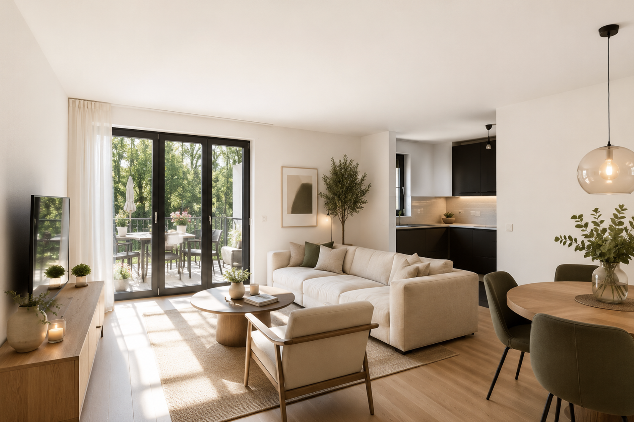 Modernes Wohnzimmer mit Gartenblick